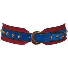 Vintage Yves Saint Laurent Lapis Blue & Red Suede Multi-Studded Buckle Belt
