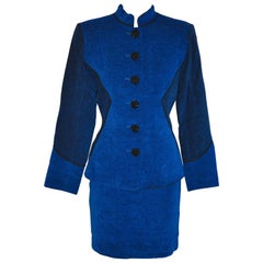 Yves Saint Laurent Lapis Blue & Black Mandarin Collar Skirt & Jacket Ensemble