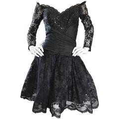 Vintage 90s Tadashi Shoji Black Off Shoulder Taffeta Sequin Lace Cocktail Dress