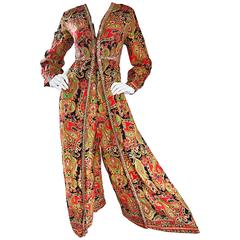 Amazing 1970s Psychedelic Paisley Gold Sequin Long Sleeve Vintage 70s Jumpsuit