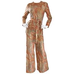 Incredible 3 Piece 1970s Tunic, Pants, & Belt Metallic Paisley Bell Bottom Suit