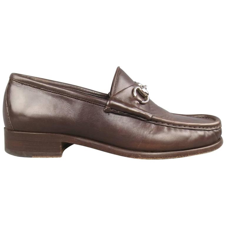 Men's GUCCI Size 9.5 Brown Solid Leather Silver Horsebit Loafers at 1stDibs