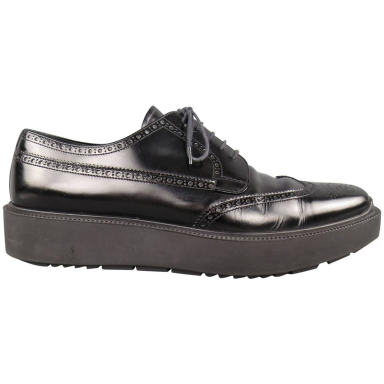 Men's PRADA Size 12 Black Leather Wingtip Platform Rubber Sole Lace Up ...