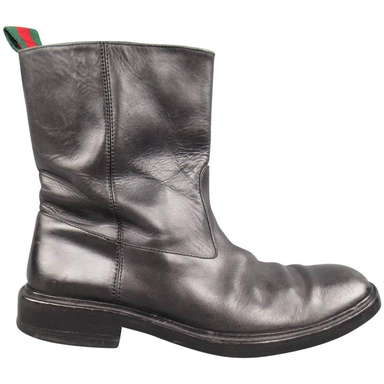 Men's GUCCI Size 11 Black Leather Striped bing Tab Biker Boots at