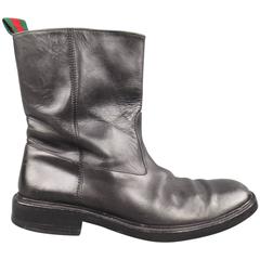 Men's GUCCI Size 11 Black Leather Striped Webbing Tab Biker Boots