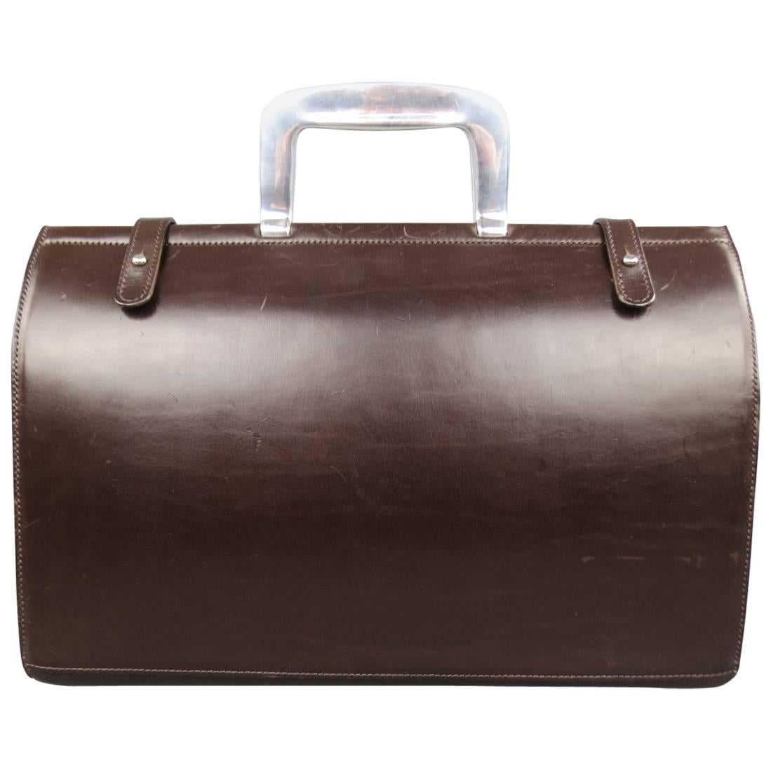 VIntage BILL AMBERG Brown Leather Silver Metal Handle Doctor's Bag Briefcase