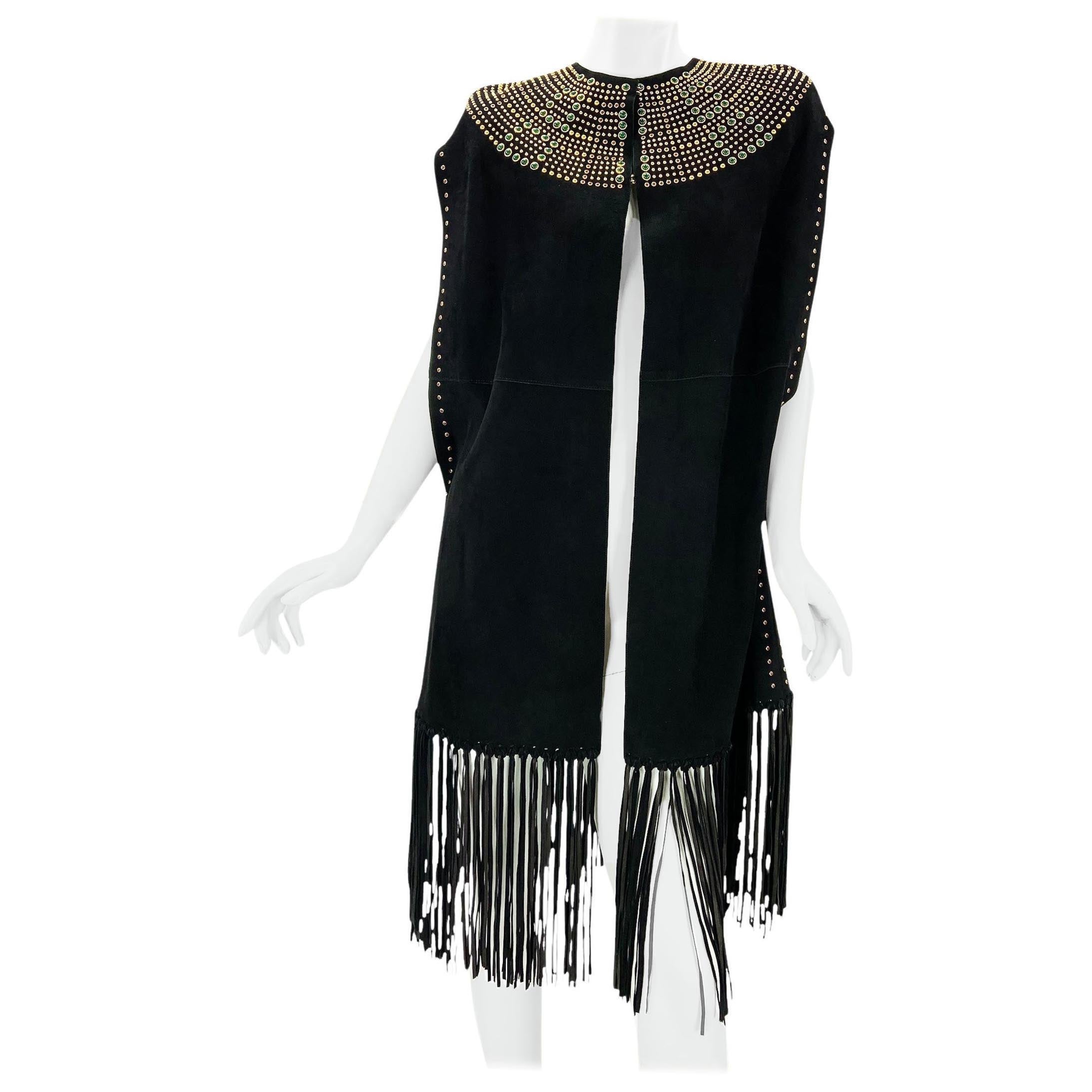 NWT $9800 Valentino Nero in pelle scamosciata con borchie e frange Taglia 4 Oversize