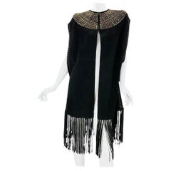 NWT $9800 Valentino Black Leather Suede Studded Fringe Trim Cape size 4 Oversize