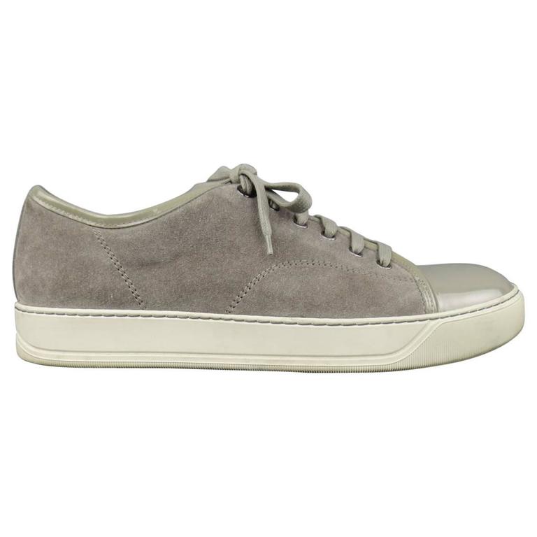 Men's LANVIN Size 10 Silver Grey Suede and Patent Leather Toe Cap ...