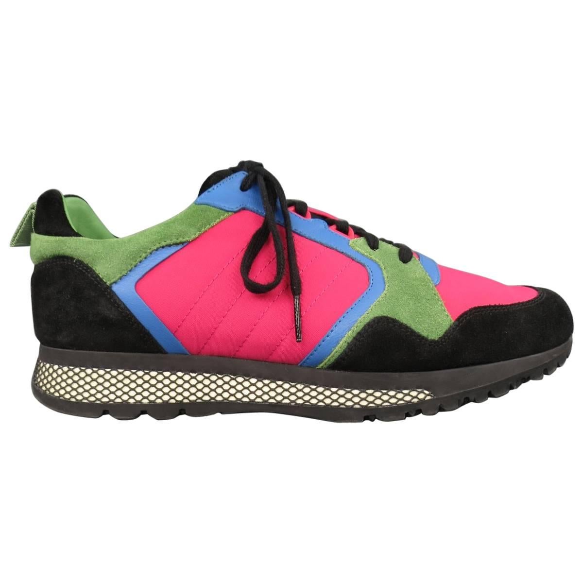 Men's GUCCI Size 10 Neon Pink Green Blue & Black Nylon & Suede Trainer Sneakers