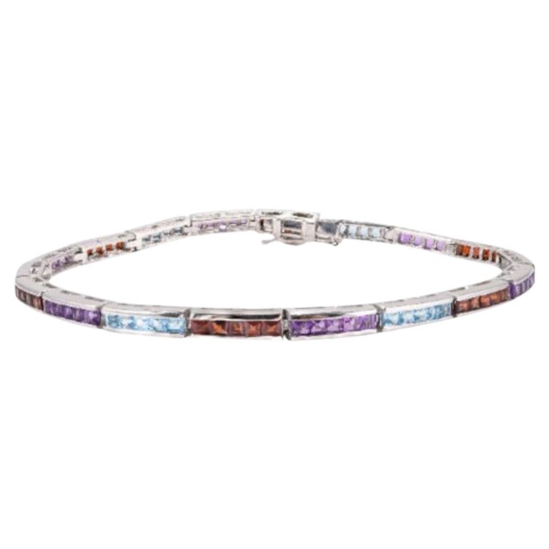 Multi Gemstone Sleek Tennis Bracelet Gift for Grandma in Sterling Silver For Sale