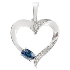 Natural Blue Sapphire Diamond 925 Silver Heart Pendant Valentine Gift for Her