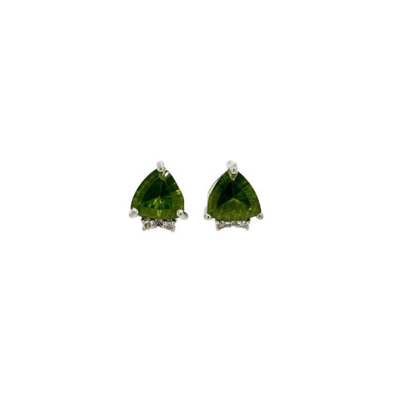 Dainty Trillion Peridot Diamond Stud Earrings for New Year Gift in Silver For Sale