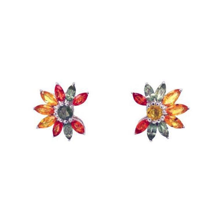 925 Sterling Silver Modern Designer Multi Sapphire Floral Earrings for Gift For Sale