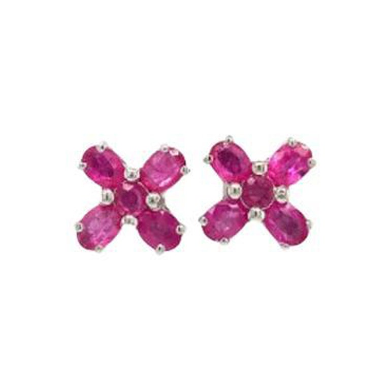 Tiny Ruby Flower Pushback Earrings Gift for Graduation in Sterling Silver For Sale