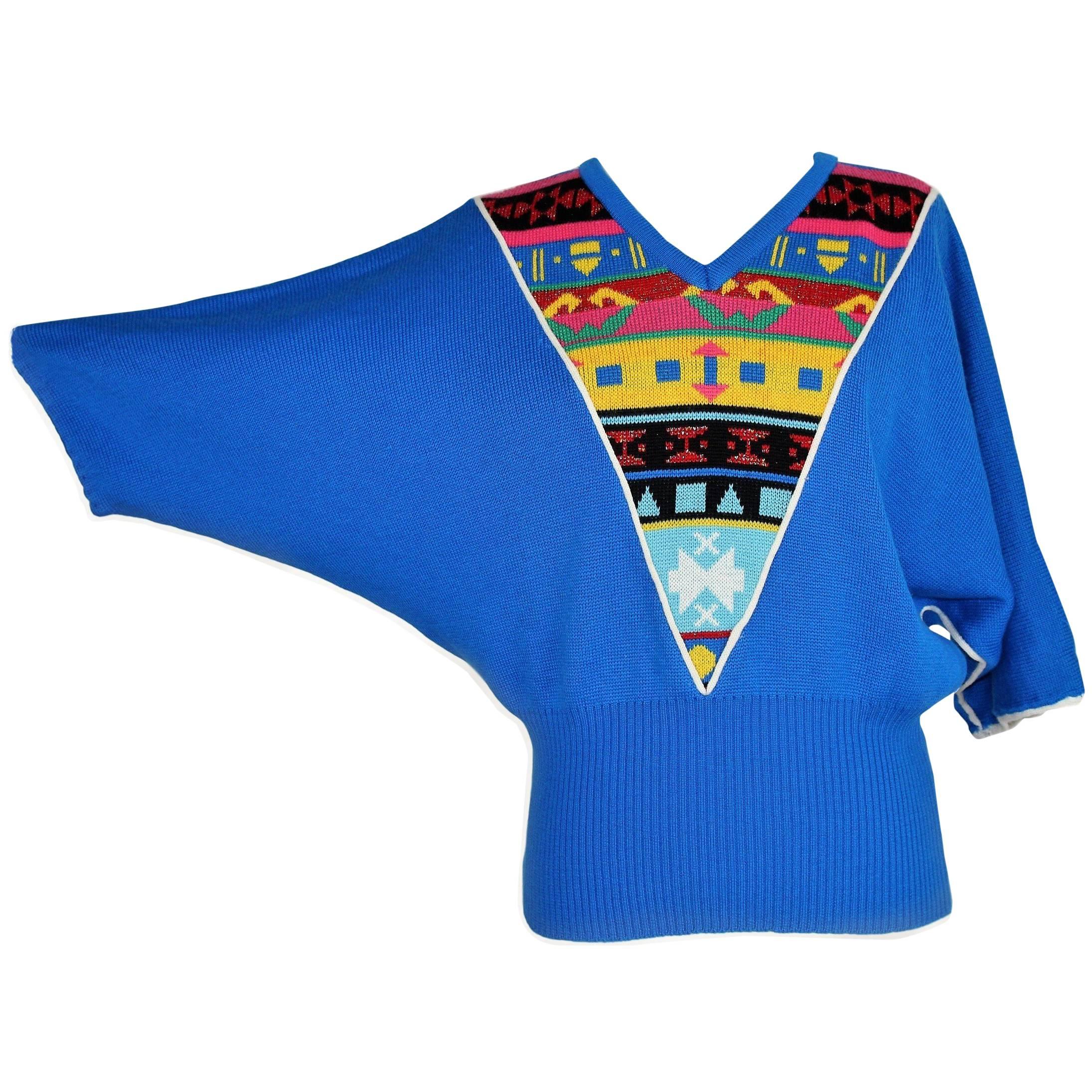 Pierre Cardin Paris Batwing Blue V-Neck Sweater, 1980 For Sale