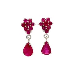 Art Deco Style Real Ruby Cluster Dangle Earrings in 925 Silver for Girlfriend