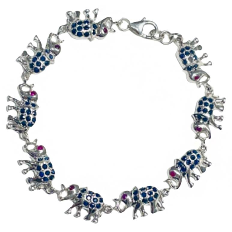 Elephant Sapphire Ruby Charm Bracelet Gift for Her in Sterling Silver Jewelry For Sale