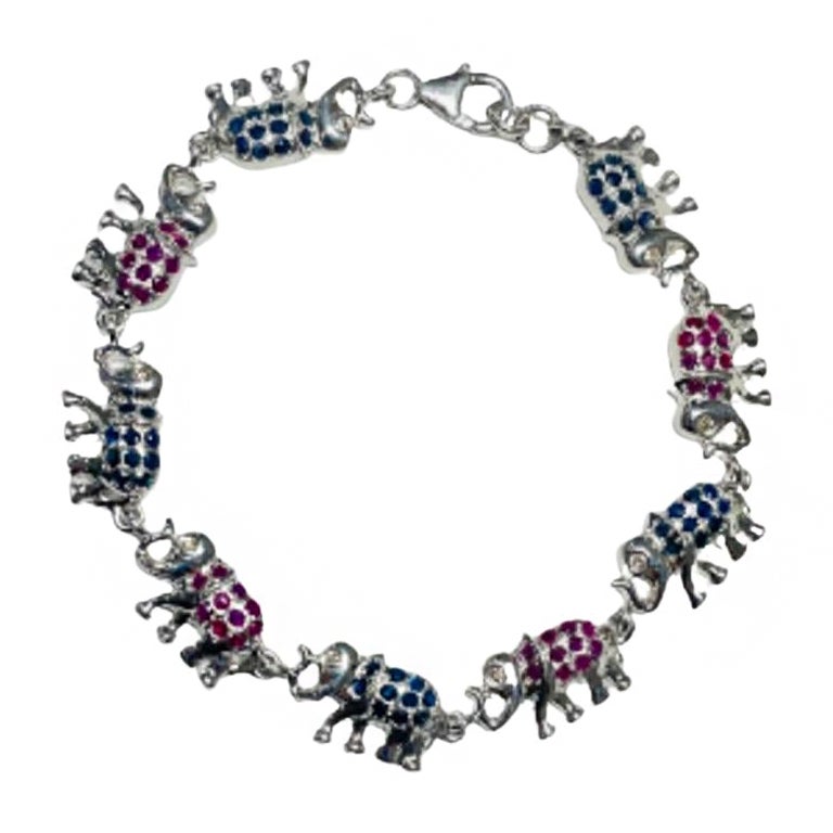 Pulsera única de zafiro azul y rubí con tachuelas de elefante en plata de ley 925 en venta