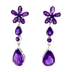 10.8 Carat Amethyst Flower Dangle Drop Earrings for Mom Gift in 925 Solid Silver