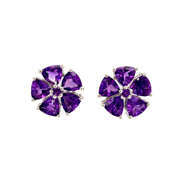 Amethyst Flower Pushback Studs Earring Gift for Mom in 925 Solid Silver Jewelry For Sale