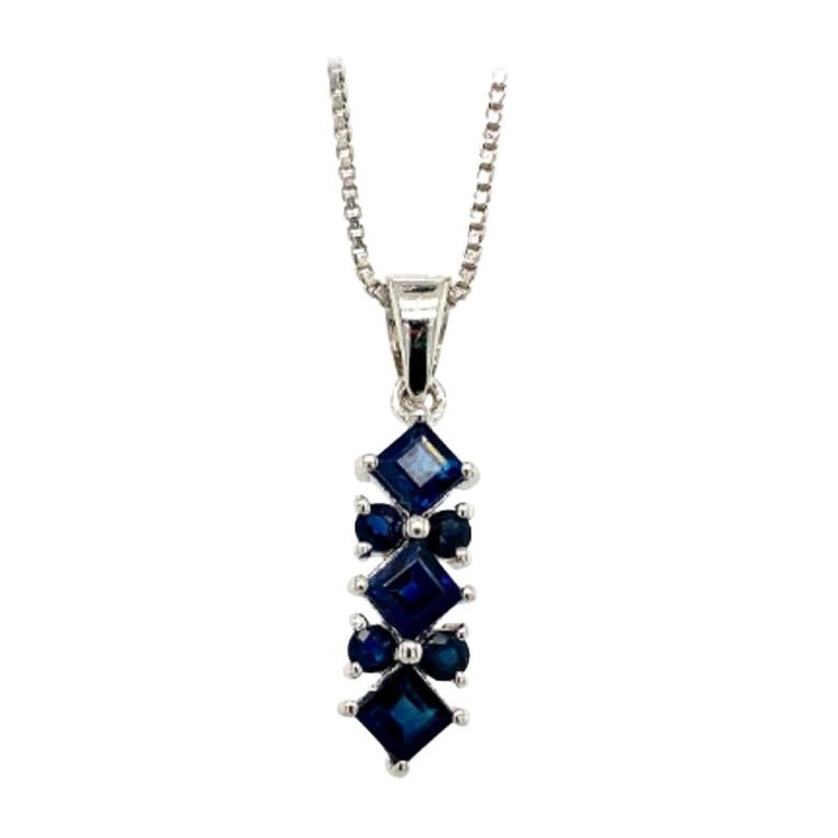 Natural Deep Blue Sapphire Long Pendant Necklace for Mom in 925 Sterling Silver For Sale