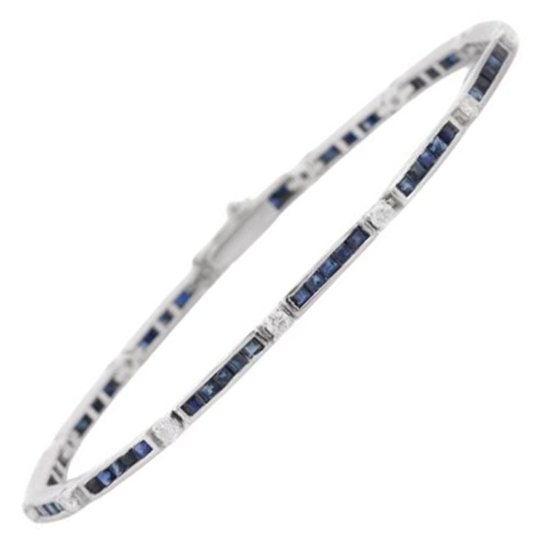 Sleek Natural Blue Sapphire Stacking Tennis Bracelet for Mom Jewelry in Silver For Sale