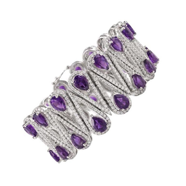 Amethyst and Diamond Bold Wedding Sterling Silver Mother's Day Bracelet for Gift For Sale