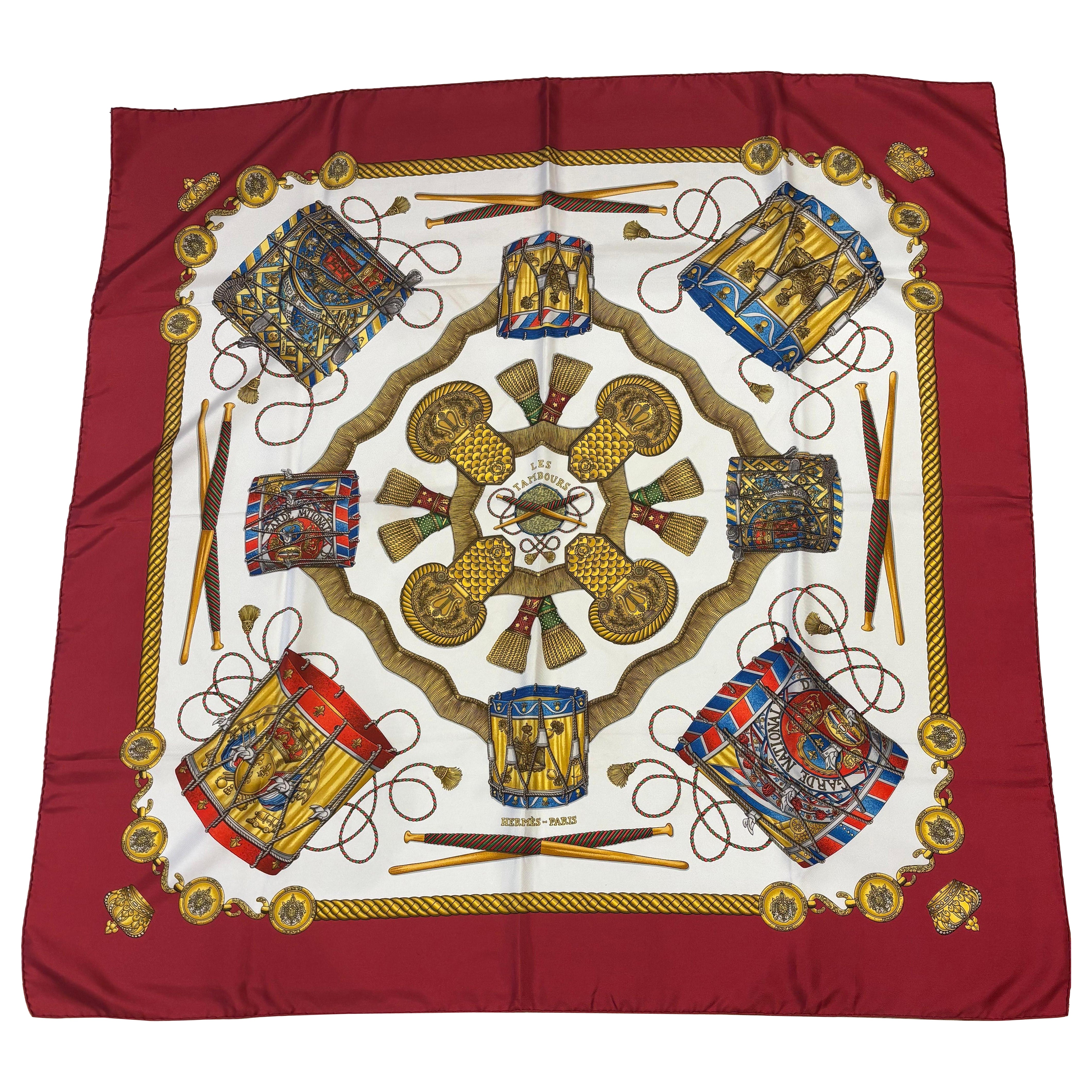 1989 Hermes "Les Tambours" Silk Scarf Designed by Joachim Metz w/Box and Store C For Sale