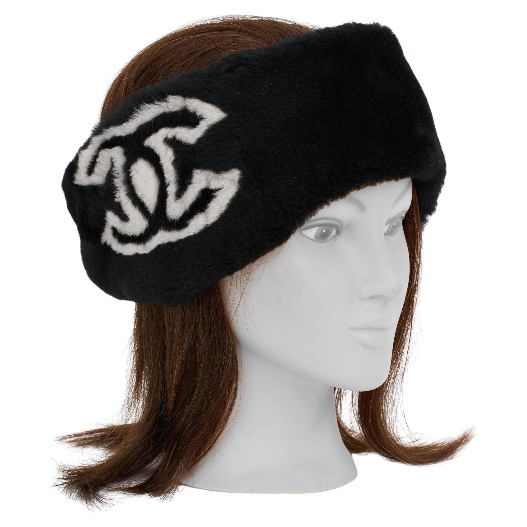 Chanel New Black Fur Logo Headband