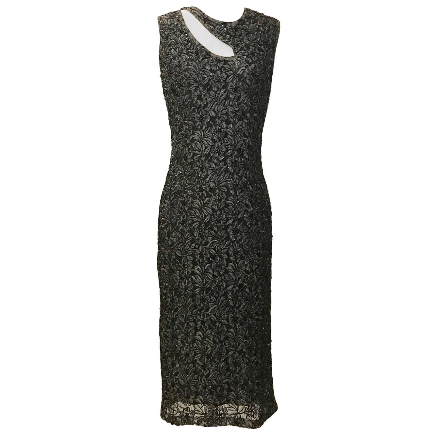 1990s Alexander McQueen Grey and Black Beaded Lace Midi Dress For Sale