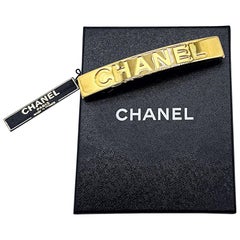 New Vintage Chanel 90s Gold Logo Barrette 1990s Hair Clip Pin w/ Box