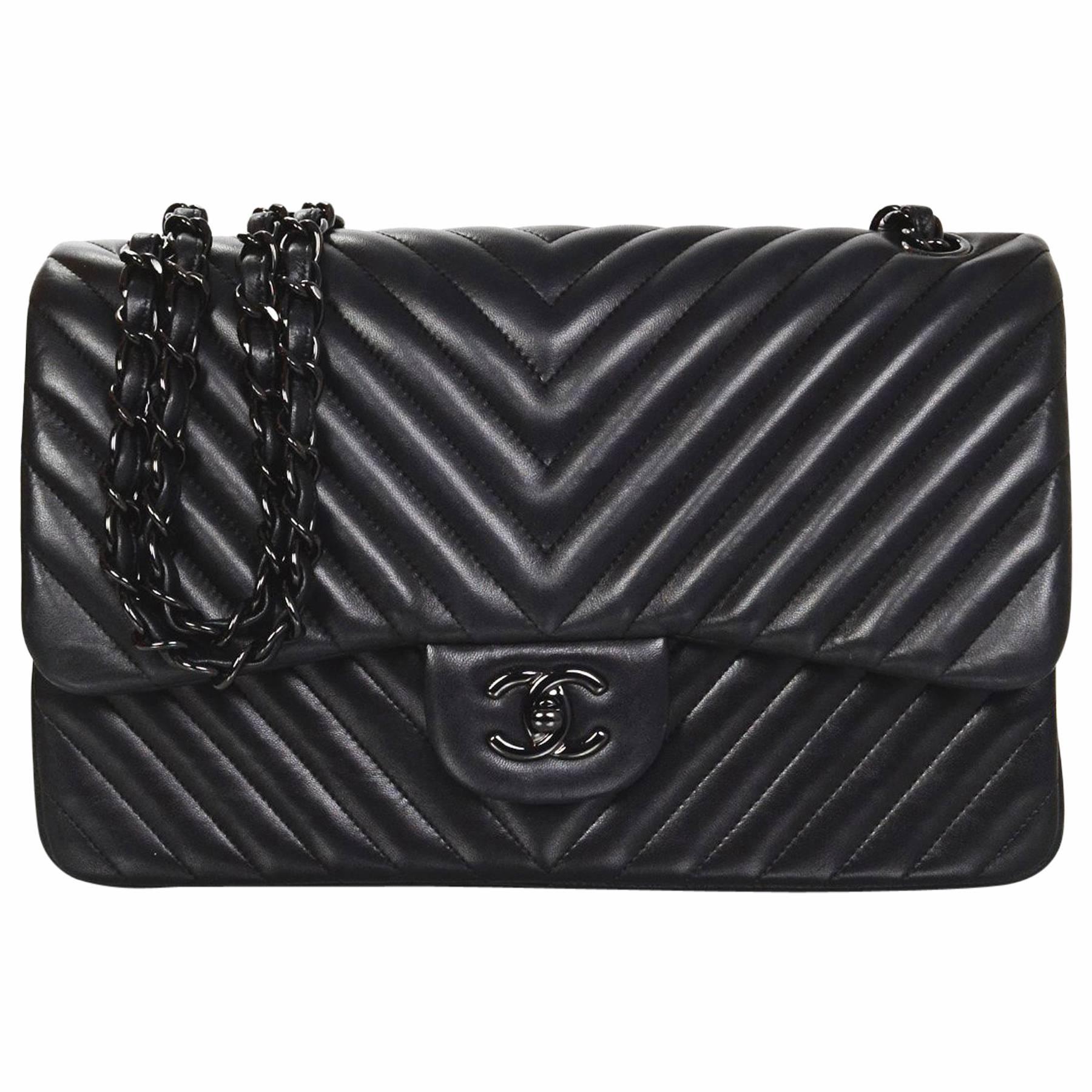 Chanel Rare Collectors Sold Out Chevron SO Black Double Flap Jumbo Classic Bag