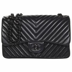 Chanel Rare Collectors Sold Out Chevron SO Black Double Flap Jumbo Classic  Bag