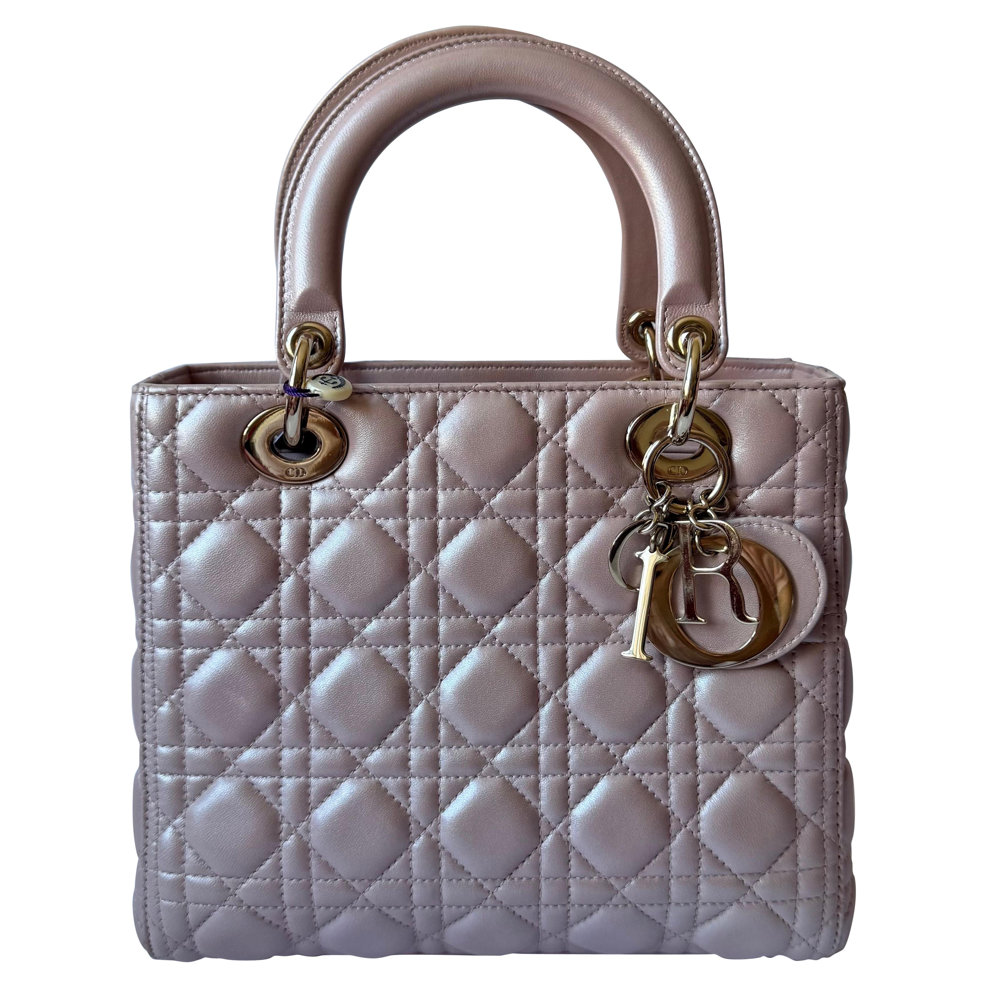 Lady Dior Medium Handbag Pearlescent Pink Cannage Leather Gold Hardware For Sale