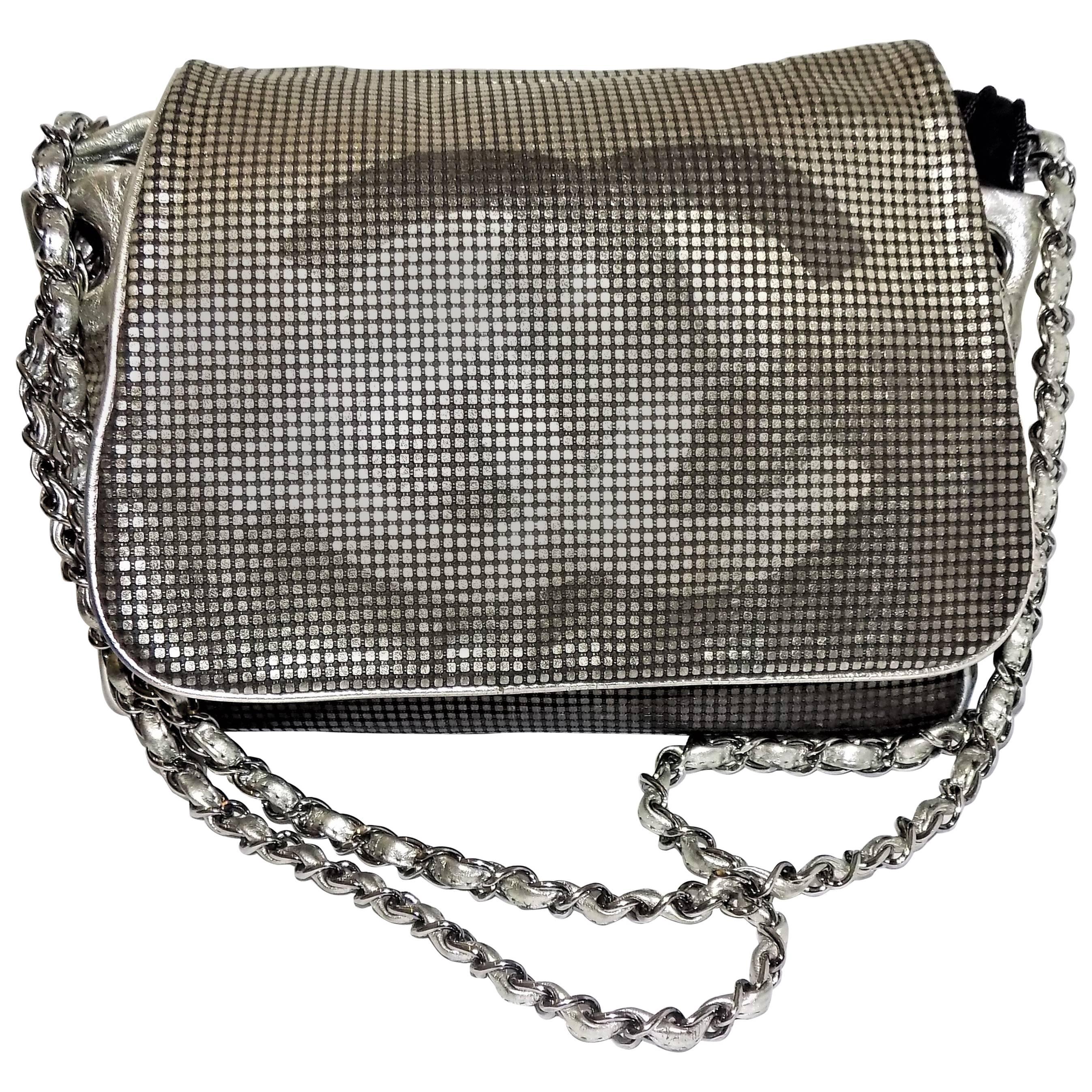 Chanel Hollywood CC Logo Silver Flap Purse Handbag 