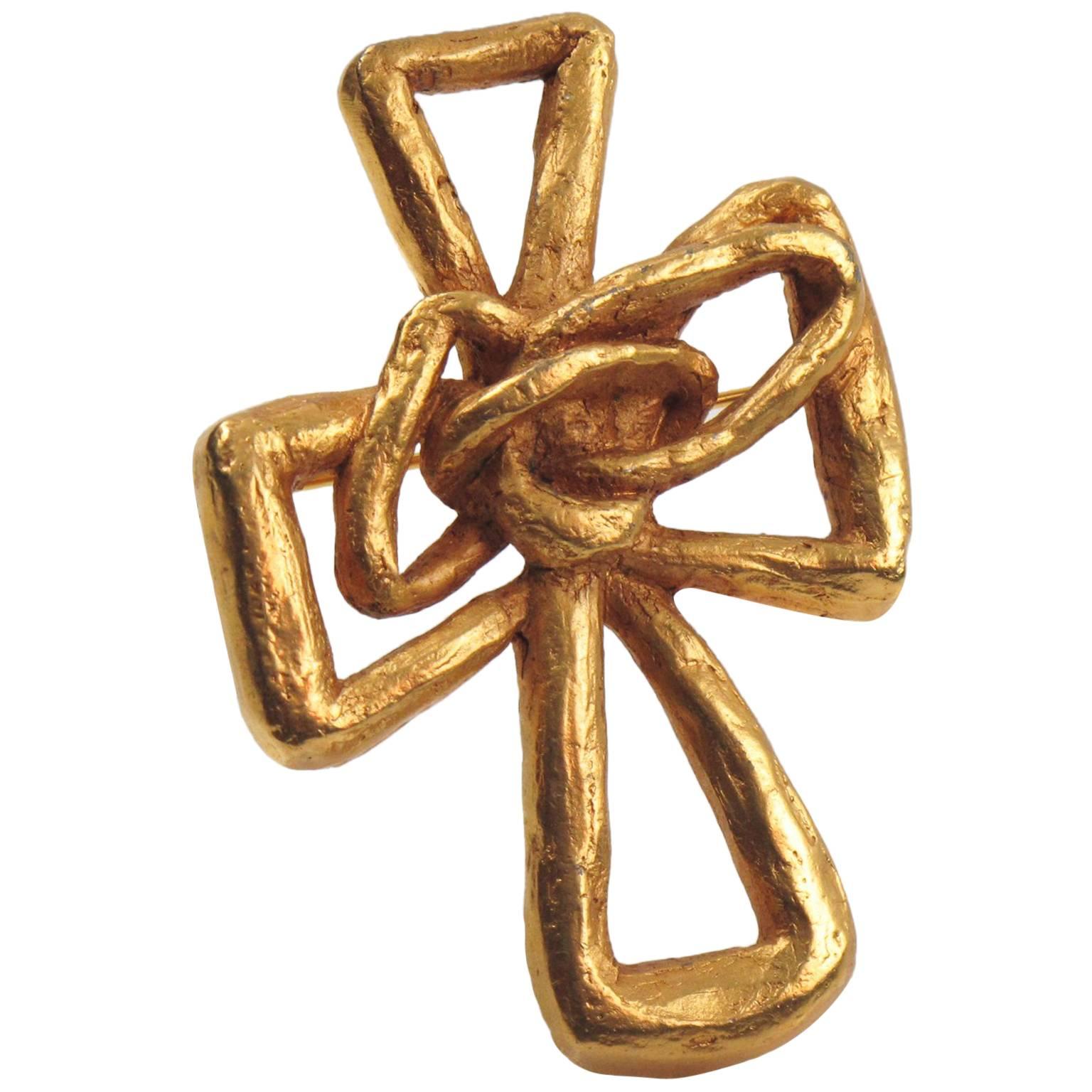 Christian Lacroix Paris Signed Pin Brooch Gilt Metal Pierced Modernist Cross