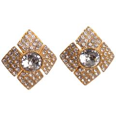 Vintage Christian Dior Paris Signed Clip Earrings Clear Rhinestone Jeweled Paved 1