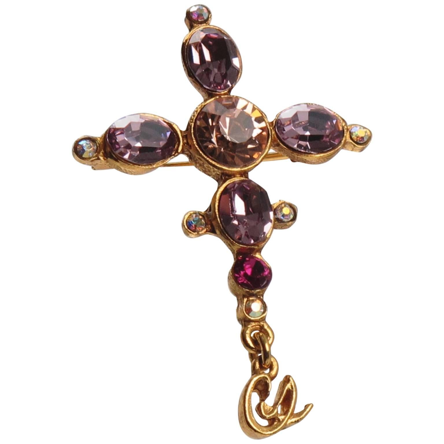 Christian Lacroix Paris Signed Vintage Jeweled Cross Pin Brooch
