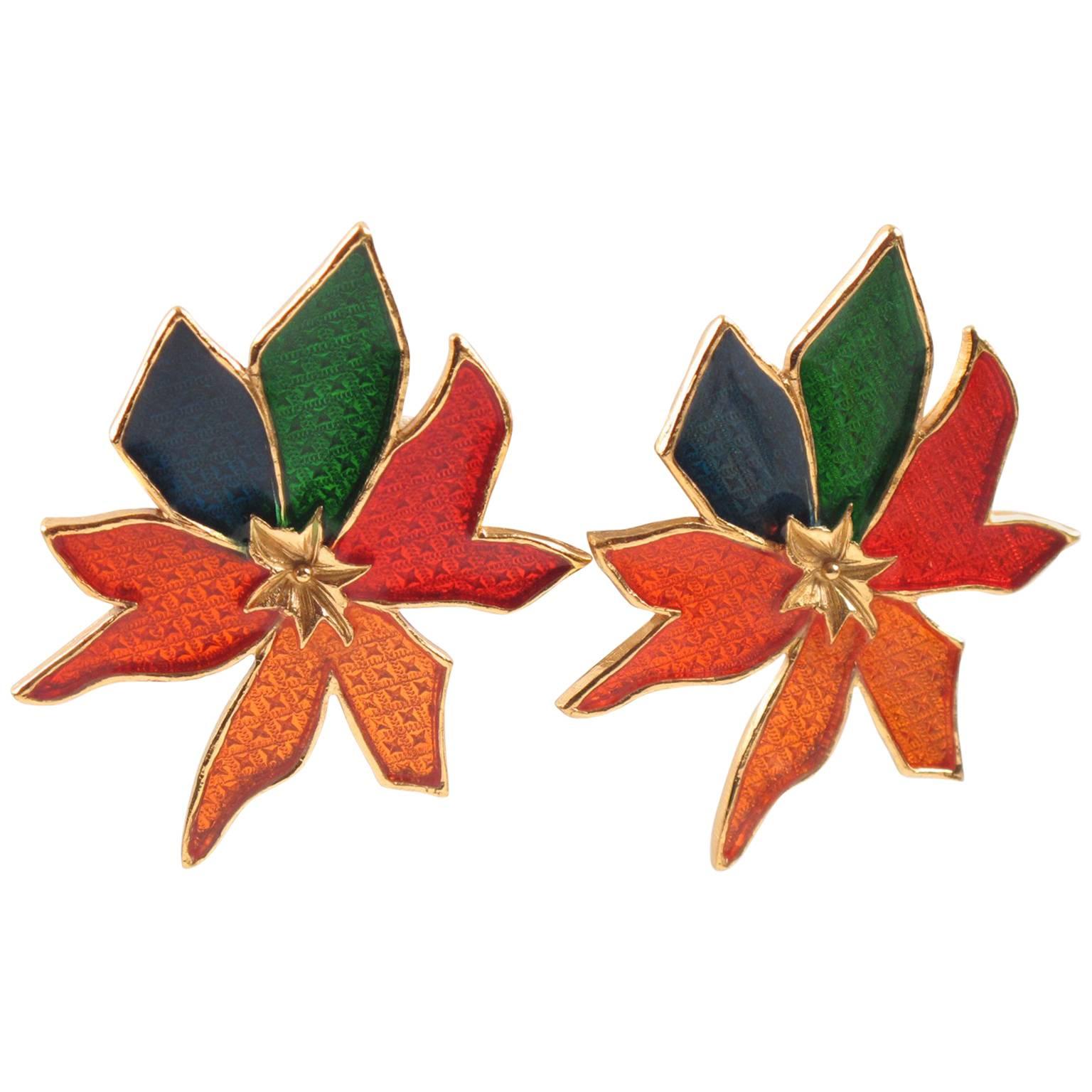 Jean Louis Scherrer Paris clip on Earrings Floral Shape with Multicolor Enamel