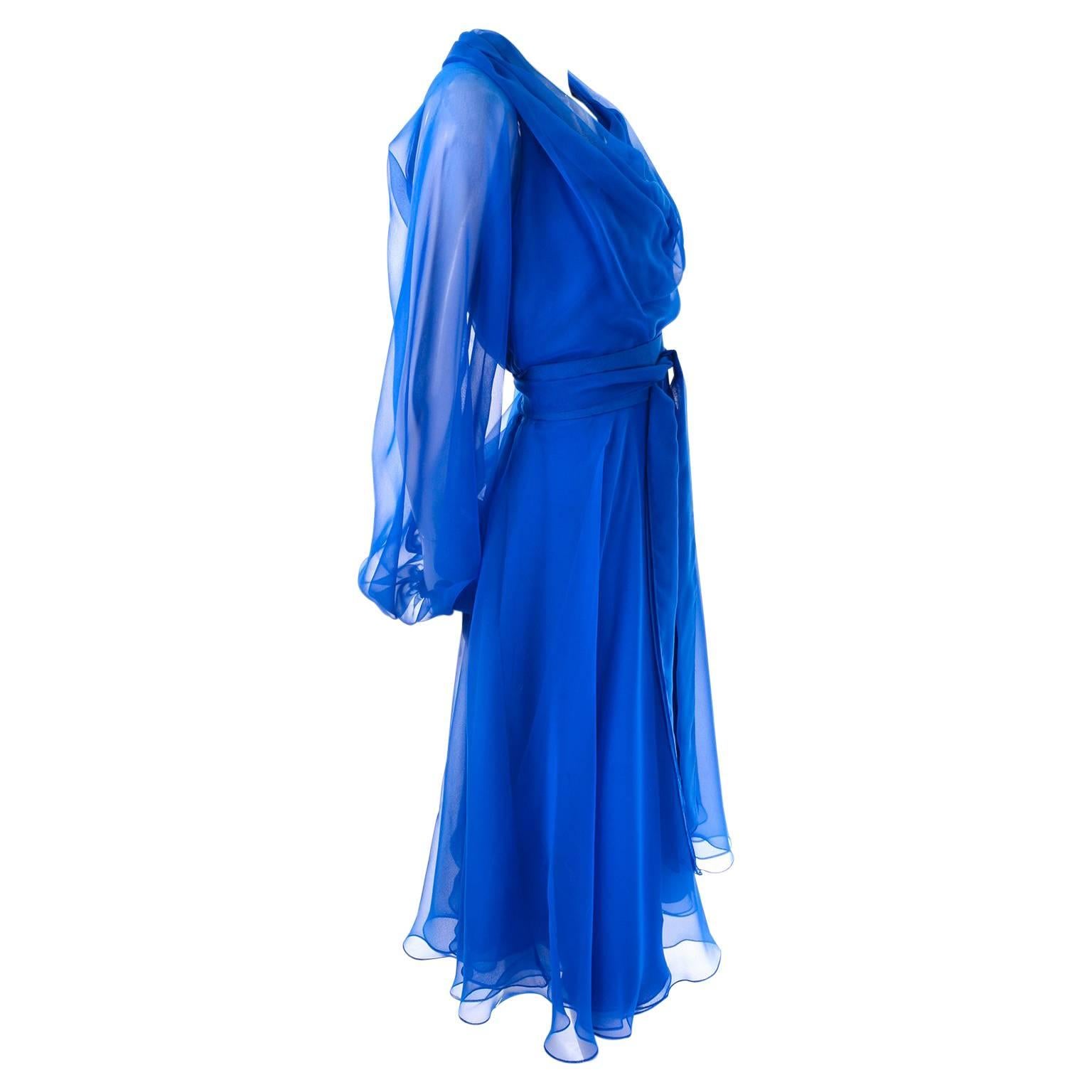 1970s Estevez Blue Chiffon Vintage Dress Sheer Sleeves Size 4/6