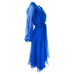 1970s Estevez Blue Chiffon Vintage Dress Sheer Sleeves Size 4/6