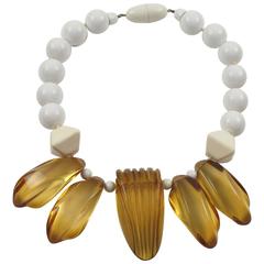 Vintage Angela Caputi Italy Choker Necklace White Beads & Apple Juice Resin 9