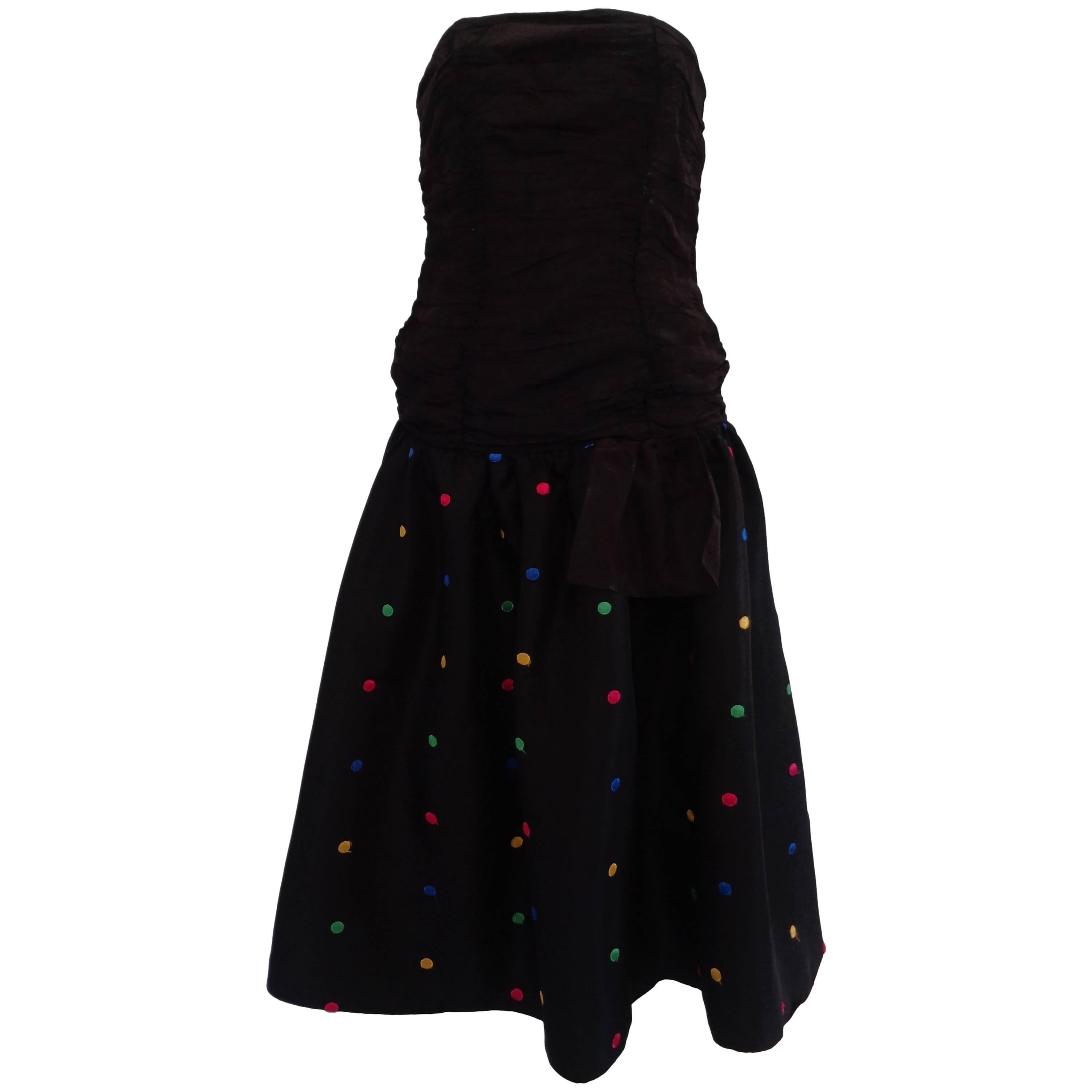 1980s Prom Night Blacke Dress Embellished Pois on Skirt