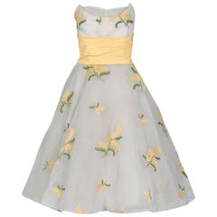 Vintage 1950's Embroidered Yellow Floral Chiffon Strapless Petal-Bust Full Party Dress 