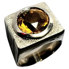 7.1ct Round Yellow Citrine Rhodium Sterling Silver Signet Ring