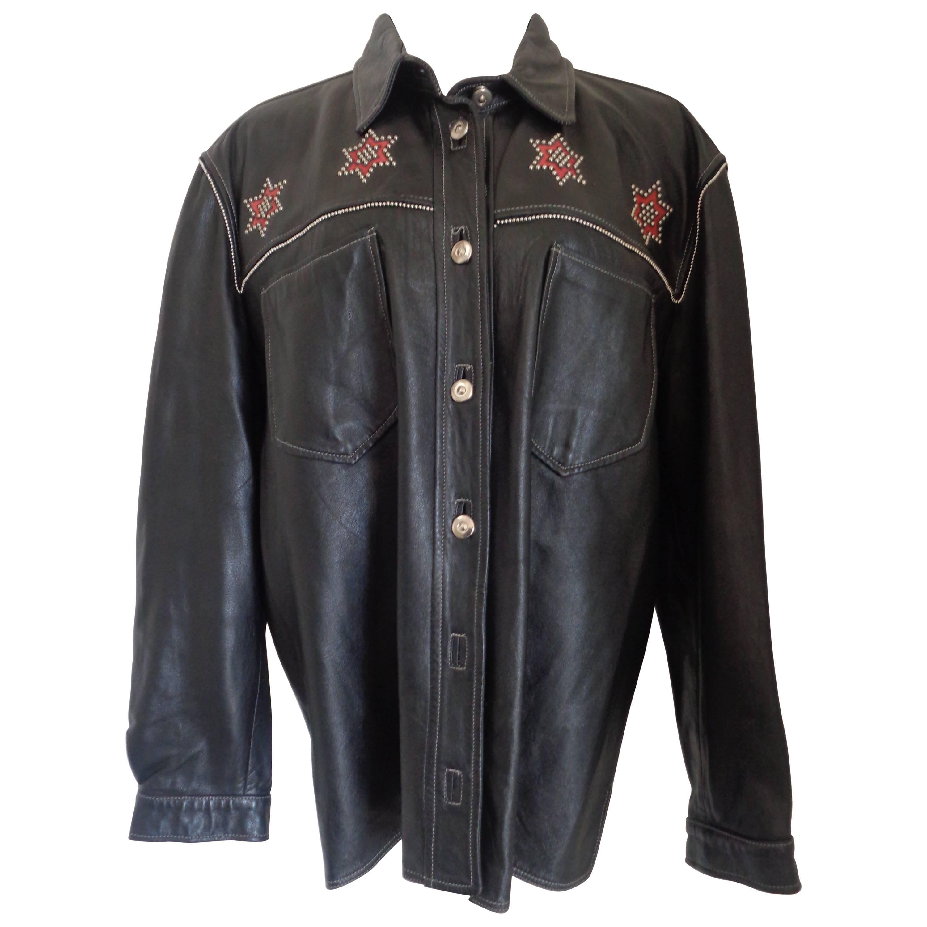 Vintage Vinci Black Red stars leather shirt 