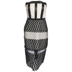 David Koma Black Ivory Strapless Poly Dress With Flocked Hem Uk 10  