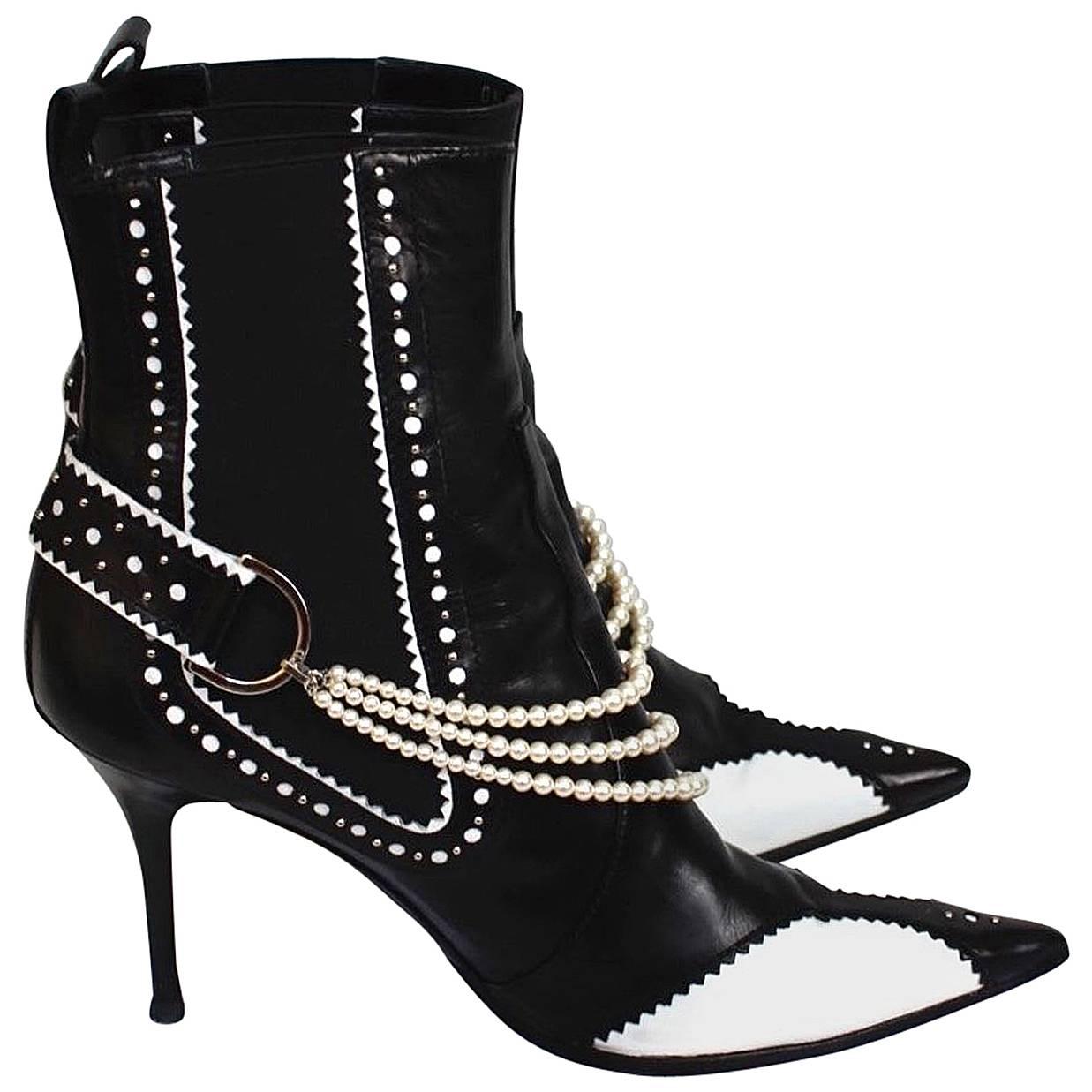 Christian Dior D'Trick John Galliano S/S 2004 Black White Pearl Boots 38 UK 5