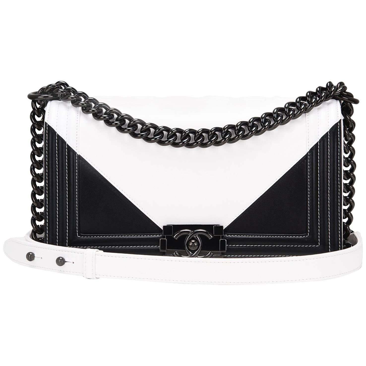 Chanel Black and White Geometric Lambskin Medium Boy Bag For Sale